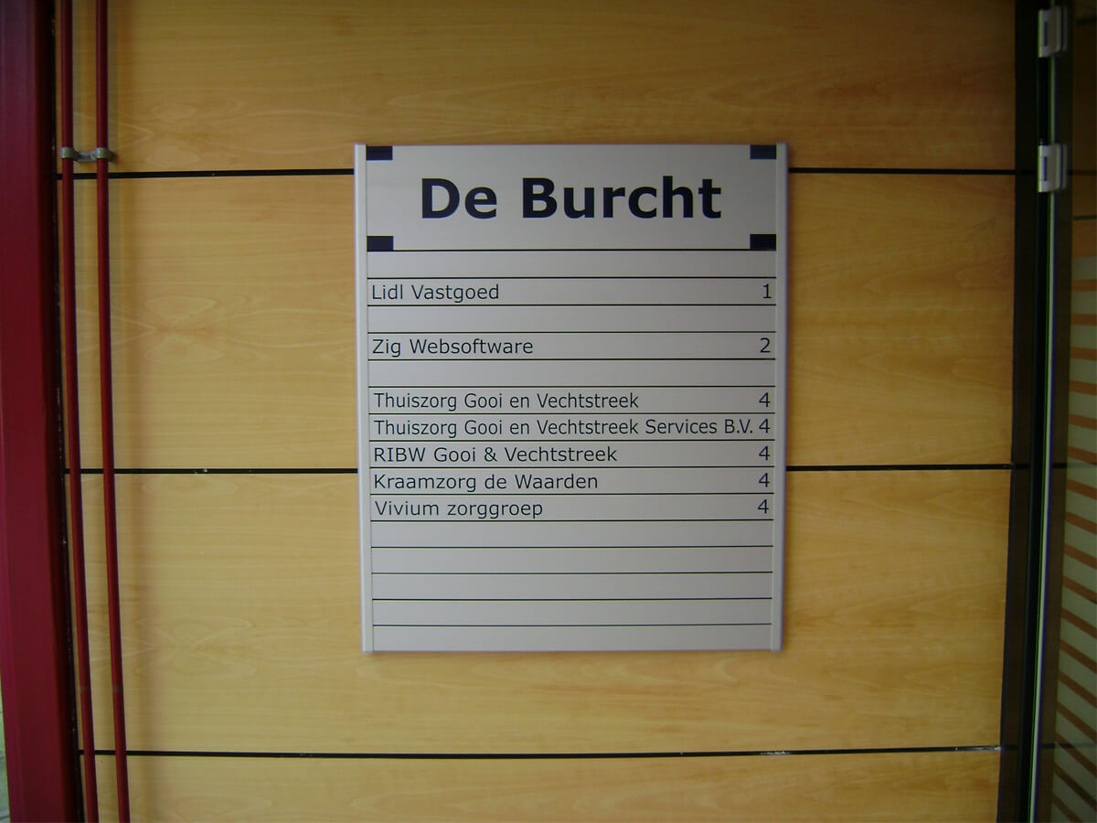 bewegwijzering modulair uitgevoerd in glas, kunststof, rvs, aluminium, hout of HPL.